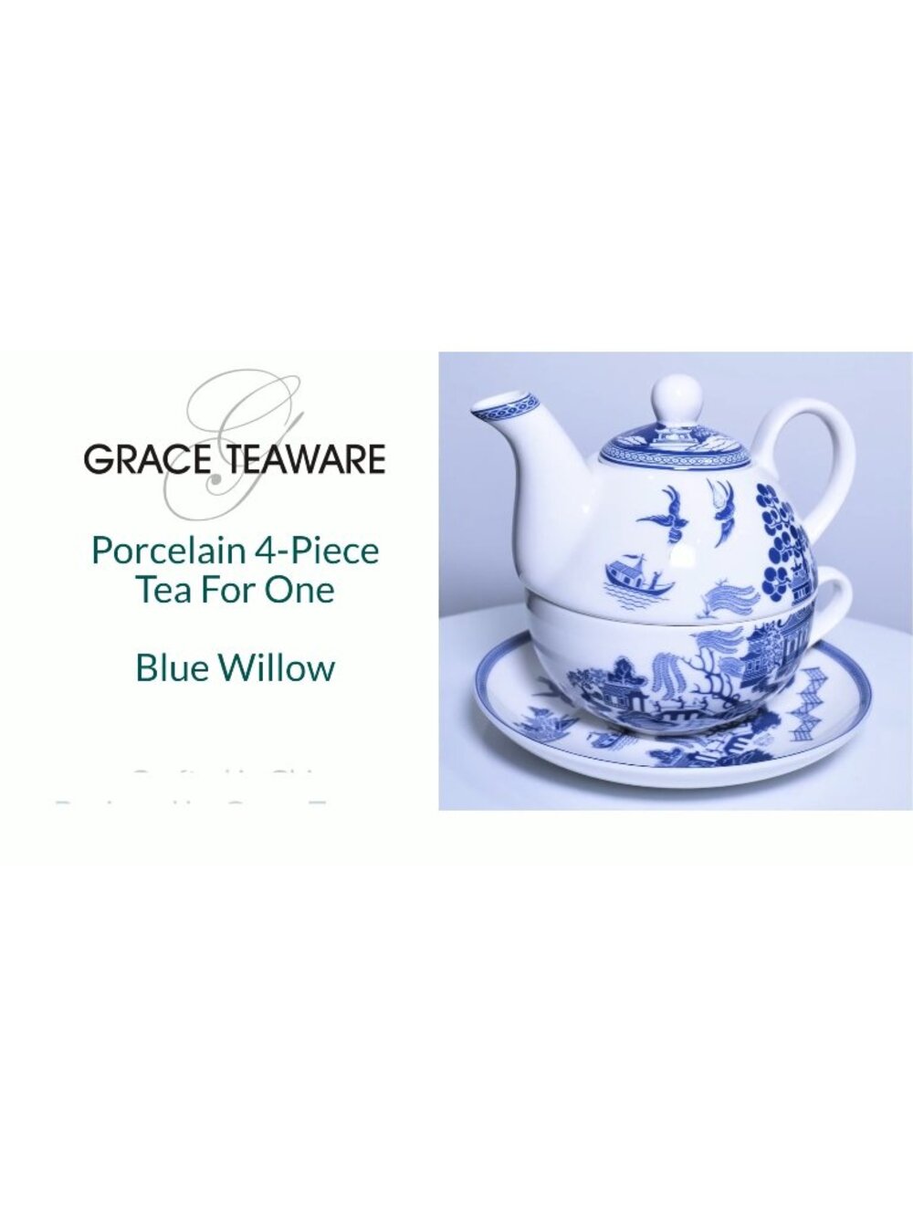 Grace Teaware Blue Willow Tea for One Set – 4‑Piece Porcelain Teapot Cup Saucer
